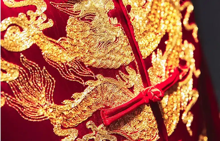 Traditional Chinese Burgundy Gold  Groom Dragon wedding Tang Suit (Ma Gua)