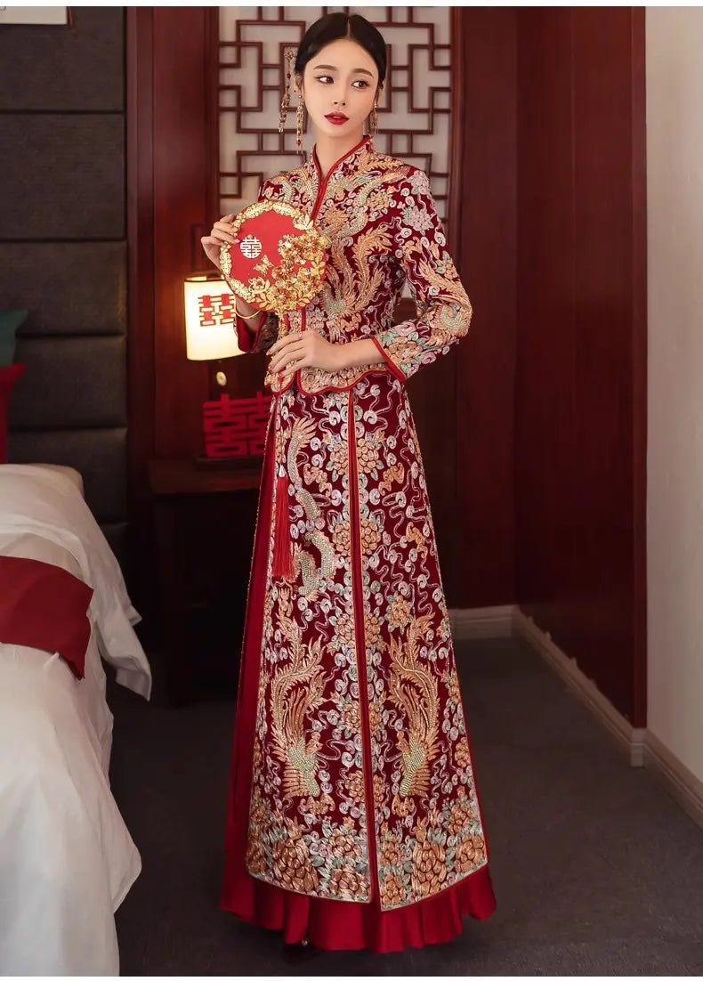 Traditional Chinese Wedding Dragon Phoenix Qun Kwa dress for bride