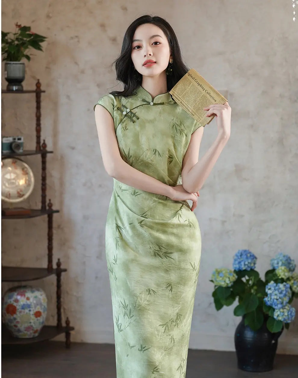 Cap Sleeves Green Bamboo Print Qipao