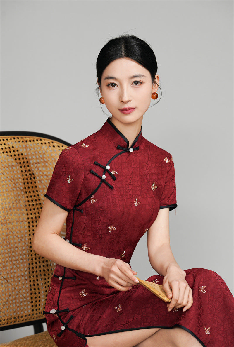Burgundy Red Short Sleeves Floral Jacquard Qipao Dress