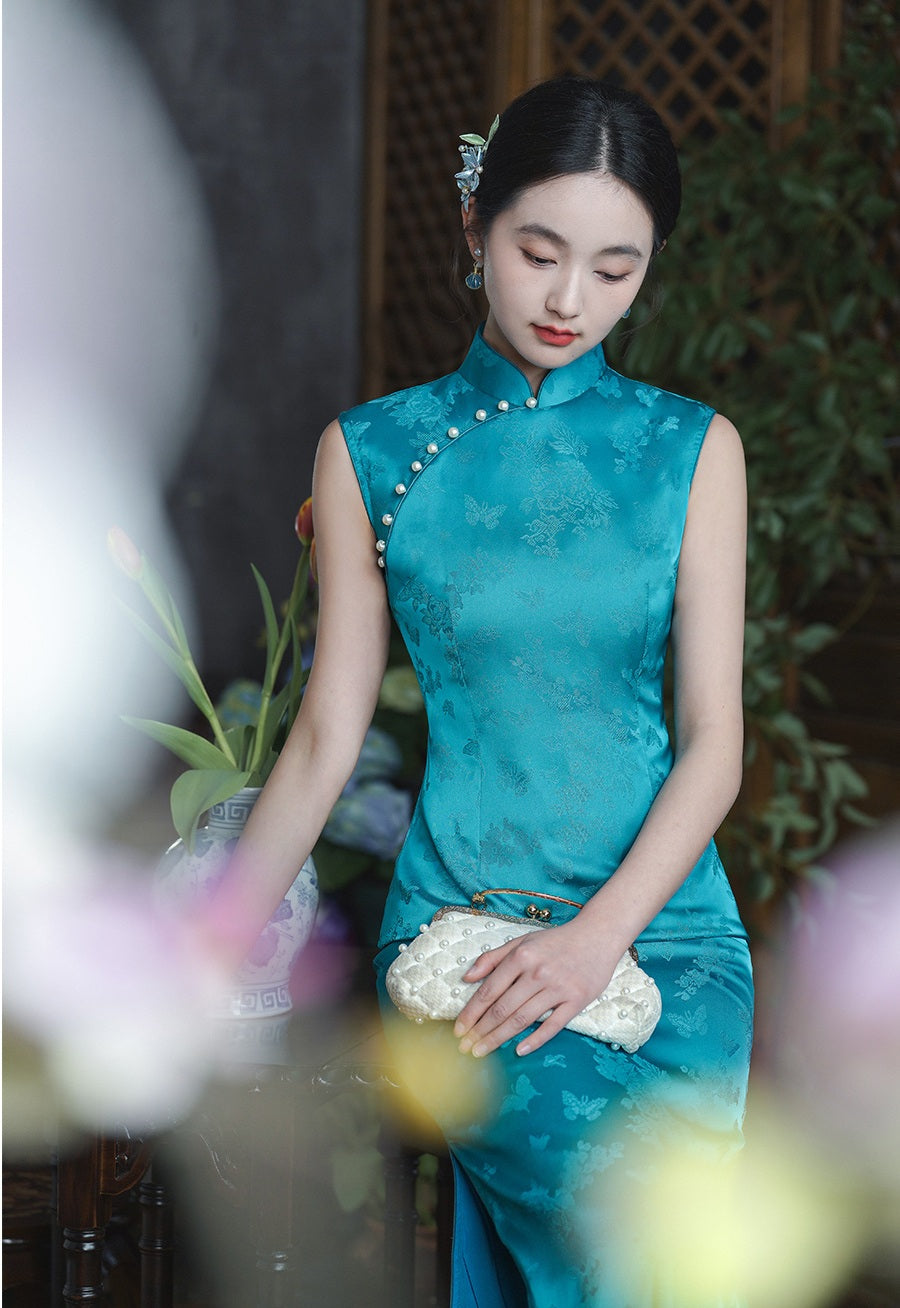 Sleeveless Teal Blue Qipao Dress with Pearl Buttons