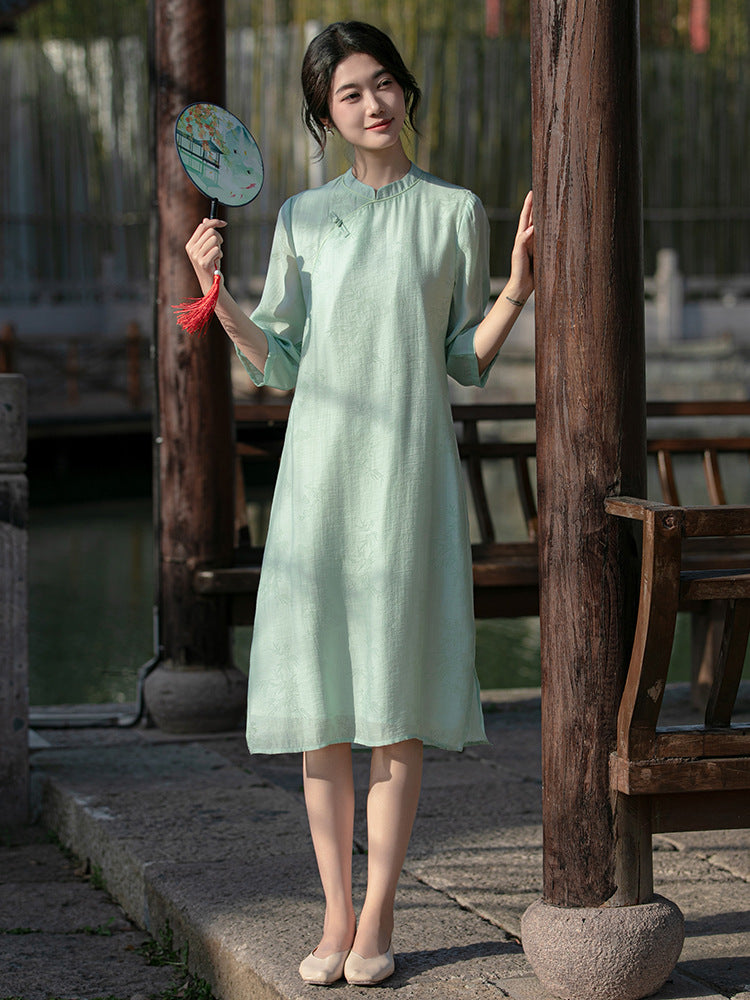 Green Bamboo Leaves Print Loose Cheongsam Qipao Dress Green Bamboo Leaves Print Loose Cheongsam Qipao Dress
