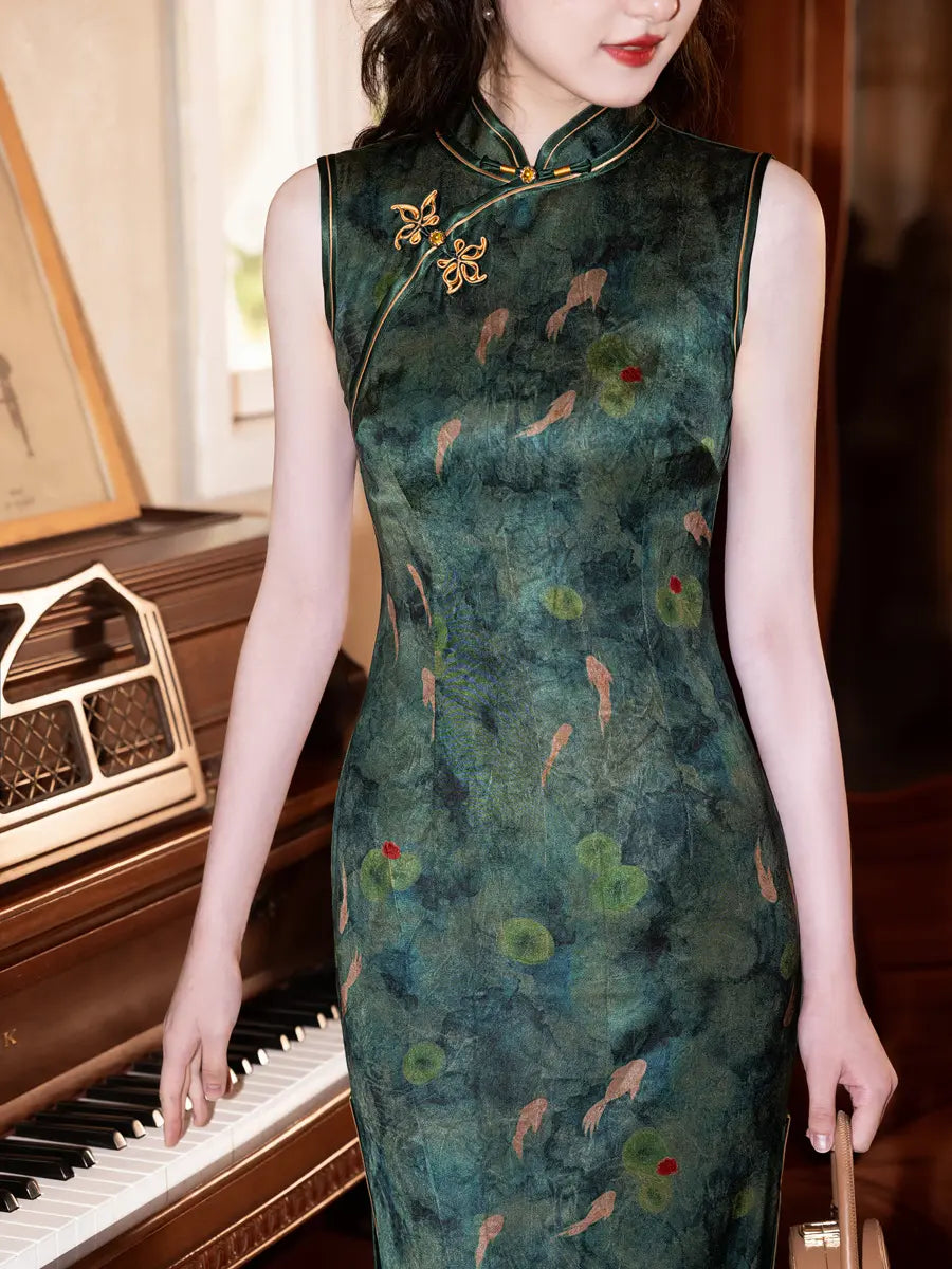 Dark Green Koi Pond Sleevess Qipao Dress