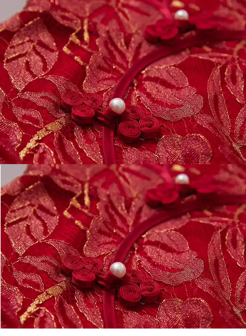 Red Lace wedding Cheongsam Qipao Dress with Golden shimmer