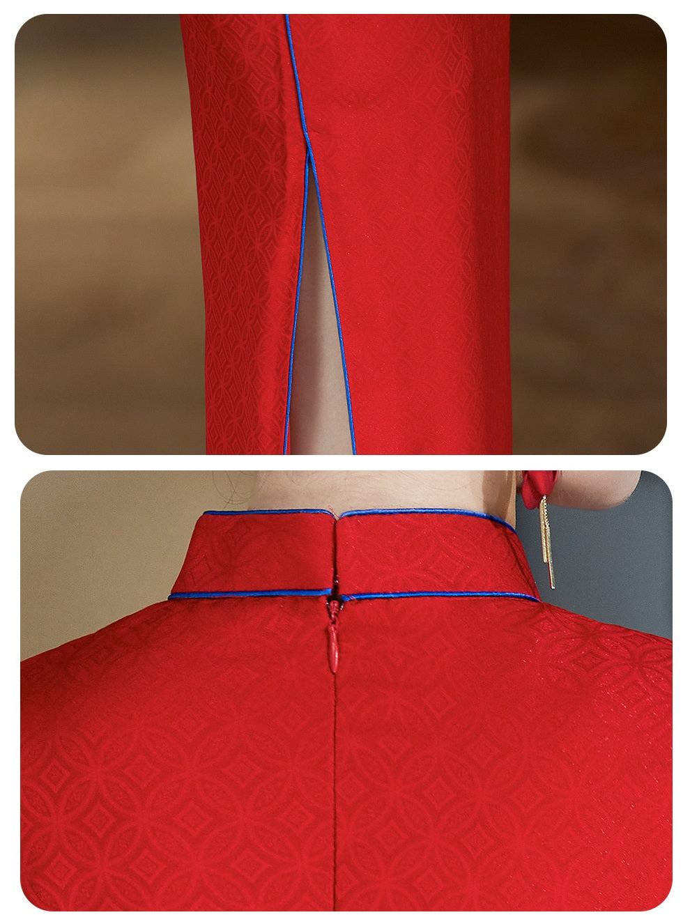 Qipao longue en jacquard rouge à manches courtes et bordure bleue