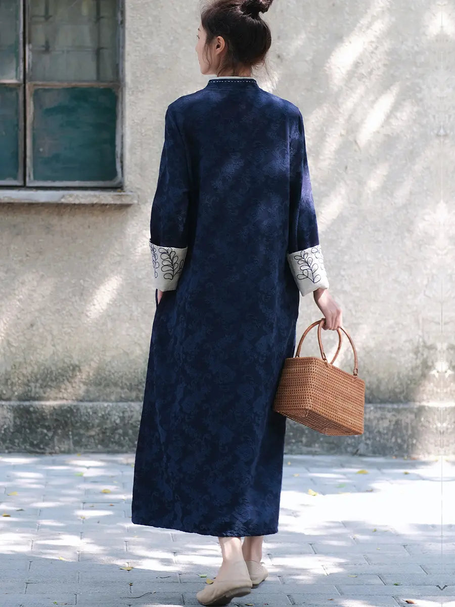 Blue Floral Long Sleeves Loose Qipao Cheongsam Dress