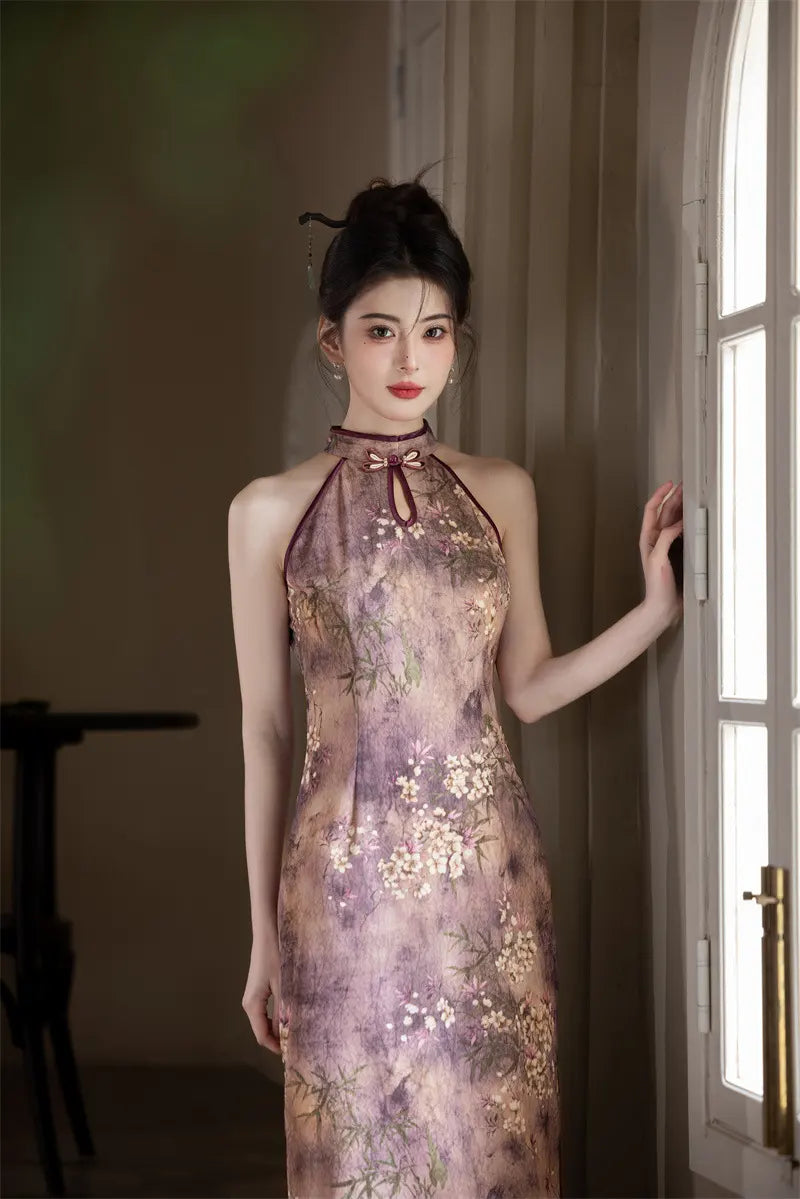 Halter Neck Floral Midi Cheongsam Qipao Dress, Purple / L Halter Neck Floral Midi Cheongsam Qipao Dress, Purple / L