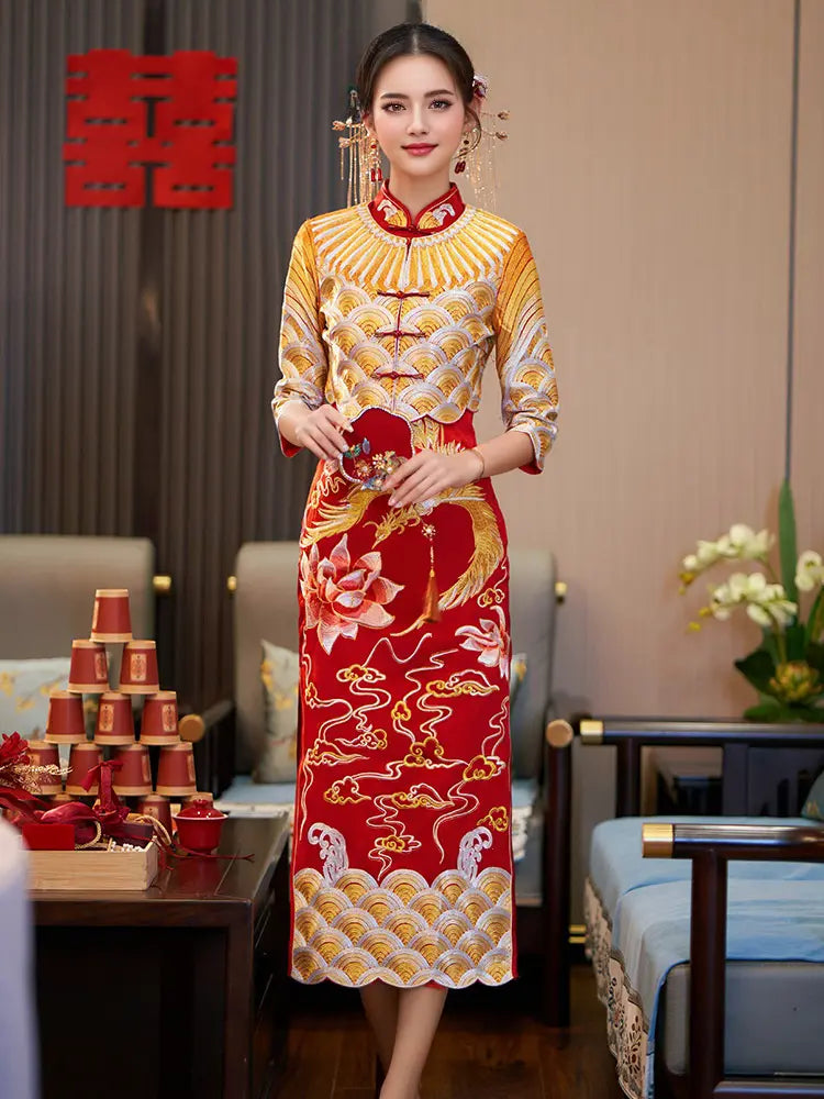 Two-piece Phoenix Gold and Red Wedding Qipao Dress Oriental Me Two-piece Phoenix Gold and Red Wedding Qipao Dress Oriental Me