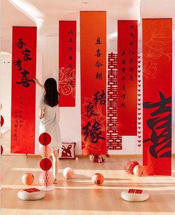 Double Happiness Wedding Blessing Calligraphy Fabric Scrolls backdrop