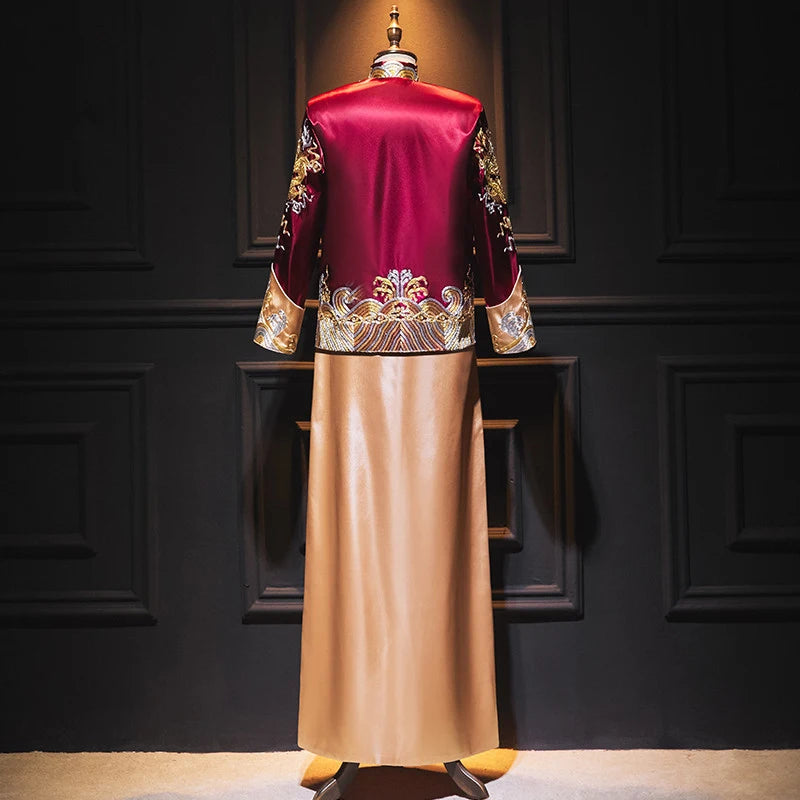 Traditional Chinese Burgundy Gold  Groom Dragon Tang Suit (Ma Gua)