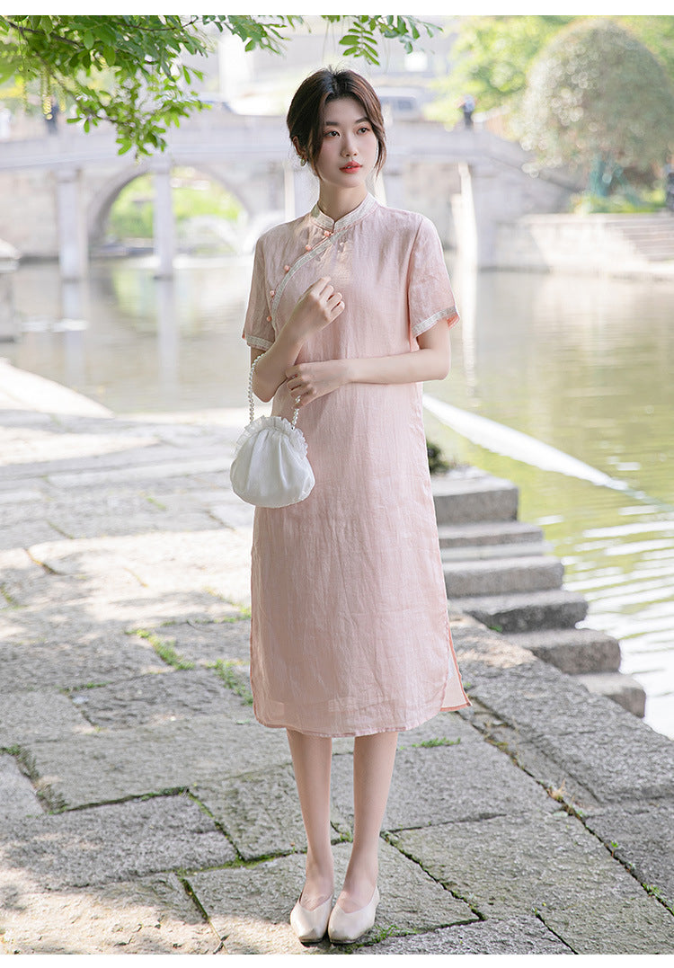 Pink Ramie Loose Cheongsam Qipao Dress Pink Ramie Loose Cheongsam Qipao Dress