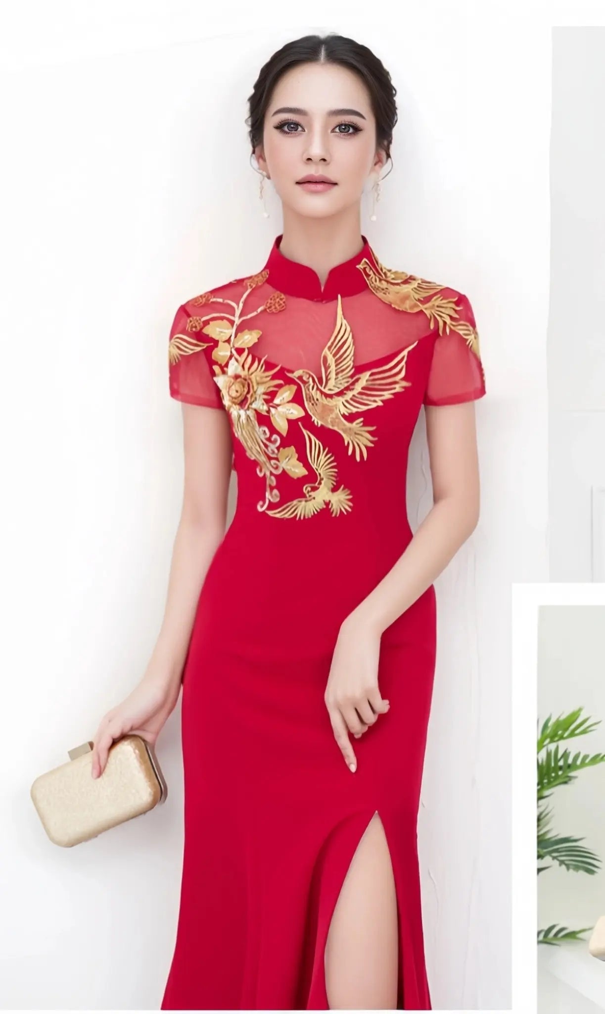 Red chinese wedding mermaid cheongsam Dress with Golden Bird  and Flowers