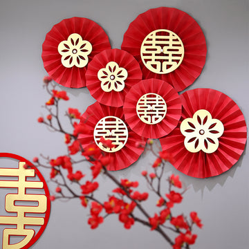Red golden double happiness flower pinwheels wedding decor backdrop