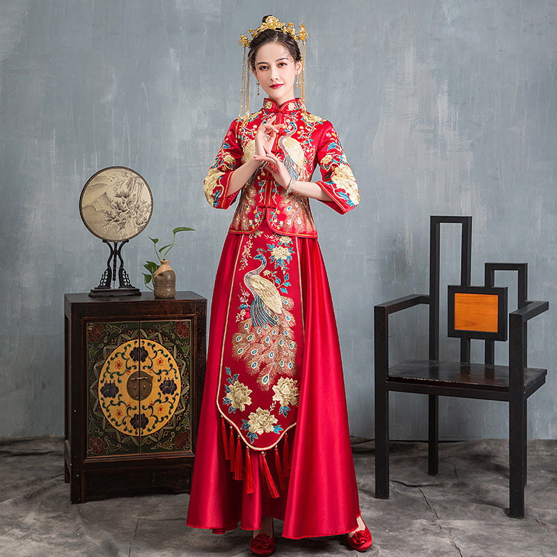 Red Chinese Wedding Bridal Qun kwa Dress| Peacock Plain, XL Red Chinese Wedding Bridal Qun kwa Dress| Peacock Plain, XL