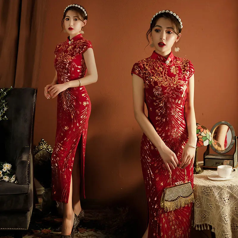 Red velvet short sleeves  Cheongsam Qipao dress with Sequins