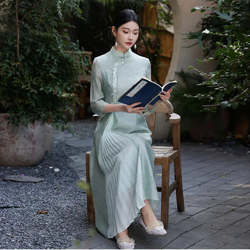 Green Modern A-Line Tencel Jacquard Loose Cheongsam Qipao Dress