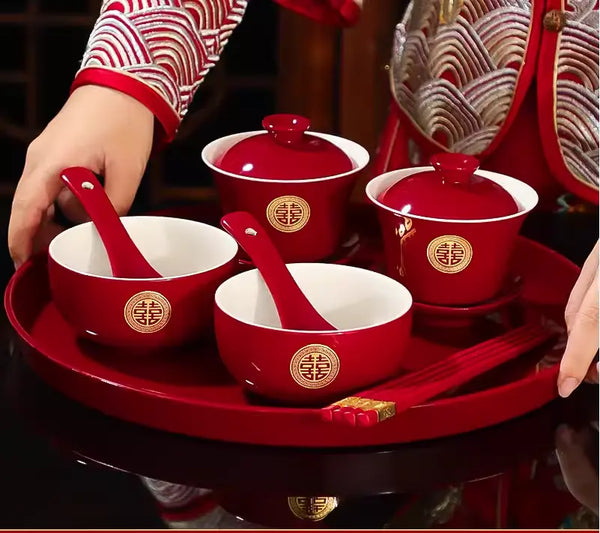 Red and golden Double Happiness Asian Chinese Wedding Tea Ceremony Tea Cups Bowls Set