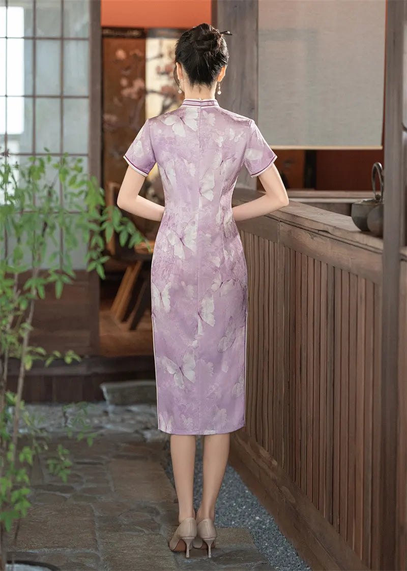 Woman in a light purple  Lavender Butterfly Print Midi Qipao Dress standing in a traditional Japanese setting.