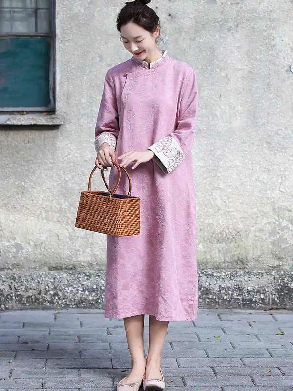 Pink Floral Long Sleeves Loose Qipao Cheongsam Dress
