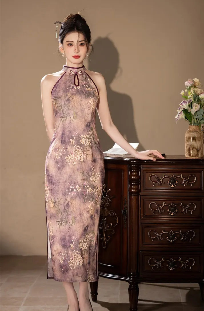 Neckholder-Midikleid mit Blumenmuster, Cheongsam und Qipao