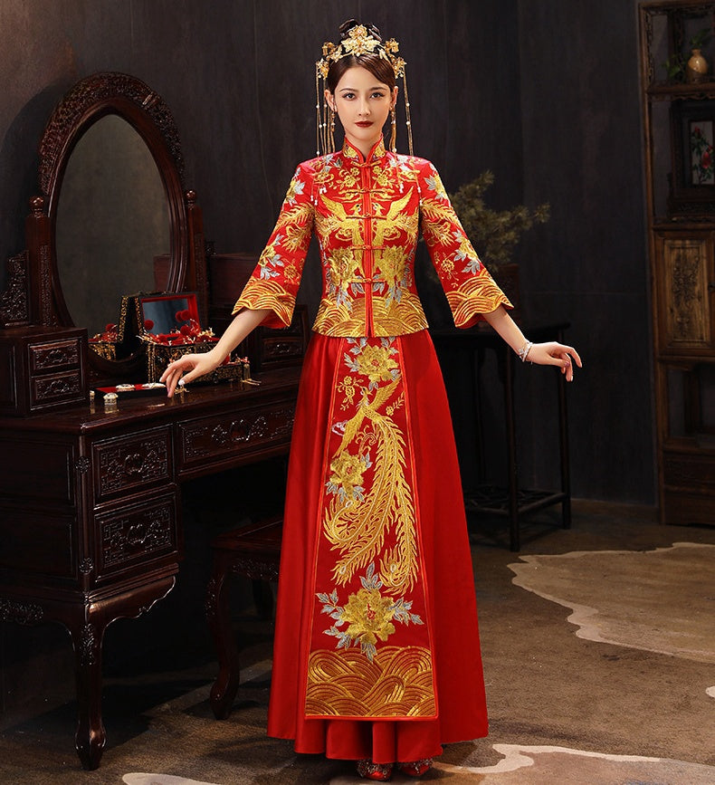 Chinese Wedding Bridal Qun Kwa Dress| Phoenix & Peony - Oriental Me