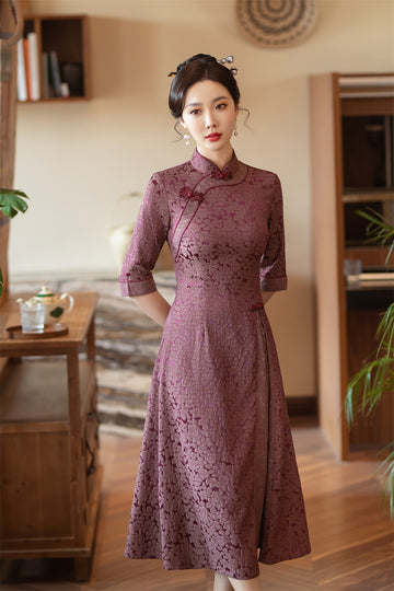 Burgundy Jacquard Floral A-Line Qipao Cheongsam Dress
