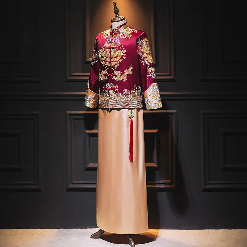Traditional Chinese Burgundy Gold  Groom Dragon Tang Suit (Ma Gua)