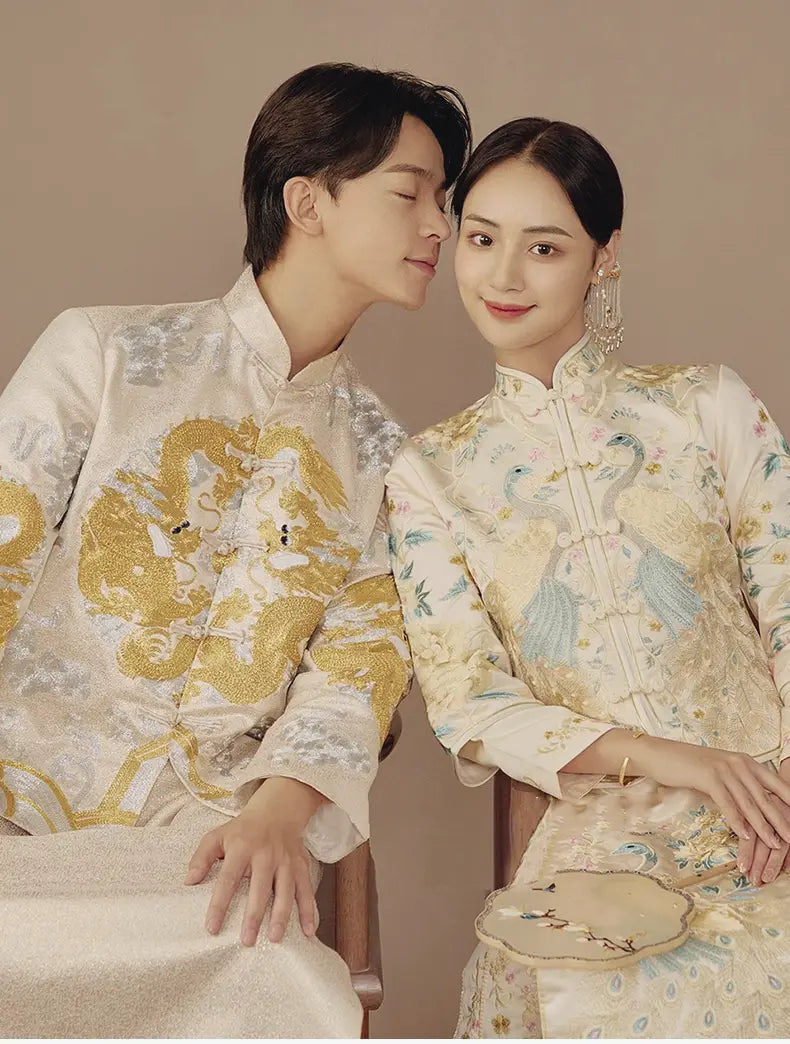 Chinese Wedding Off White Qun Kwa Dress with Peacock for bride and dragon tang suit for groom