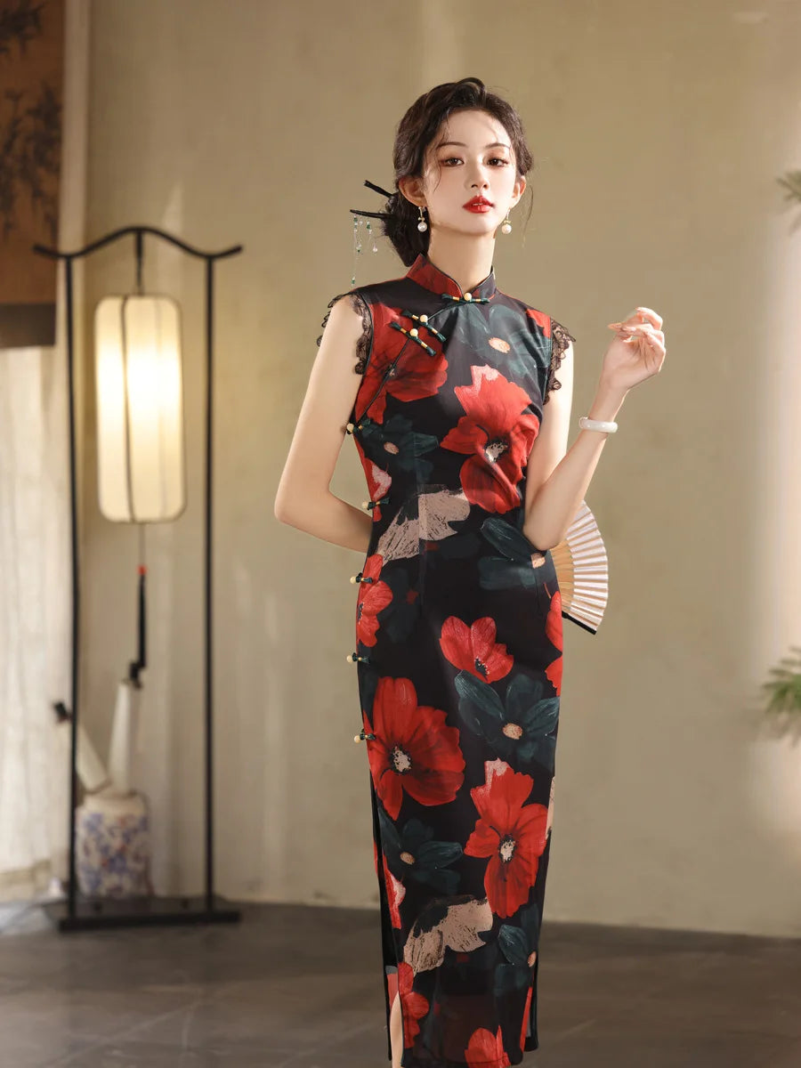Red Black Floral Cheongsam Qipao Dress| Poppy