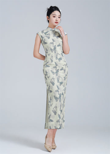 Cap Sleeves Butterfly Print Qipao Dress