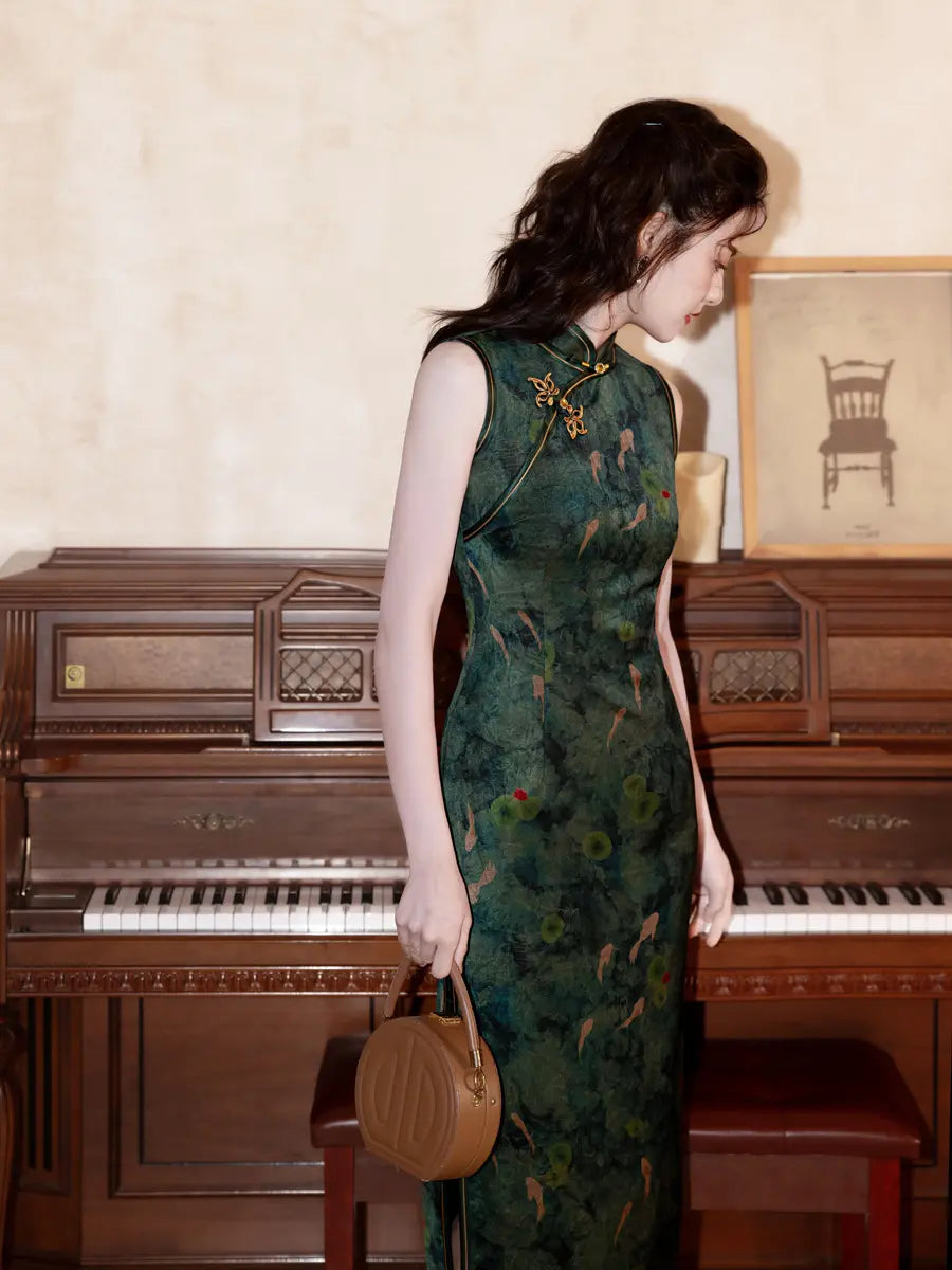 Dark Green Koi Pond Sleevess Qipao Dress