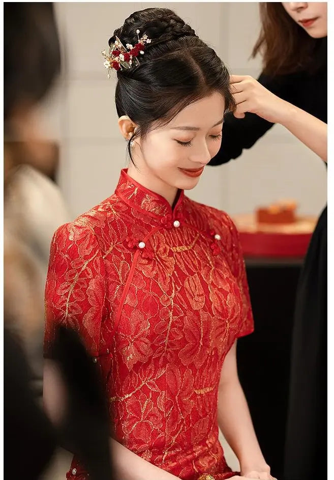 Red Lace wedding Cheongsam Qipao Dress with Golden shimmer