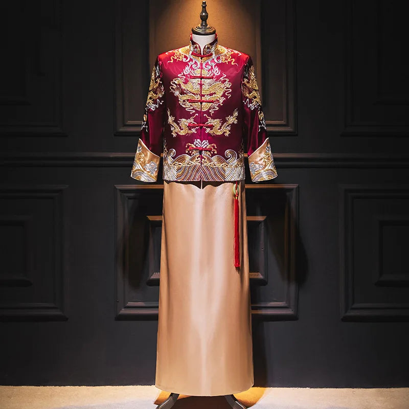 Traditional Chinese Burgundy Gold  Groom Dragon Tang Suit (Ma Gua)