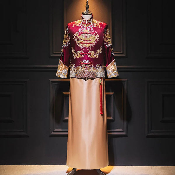 Traditional Chinese Burgundy Gold  Groom Dragon Tang Suit (Ma Gua)