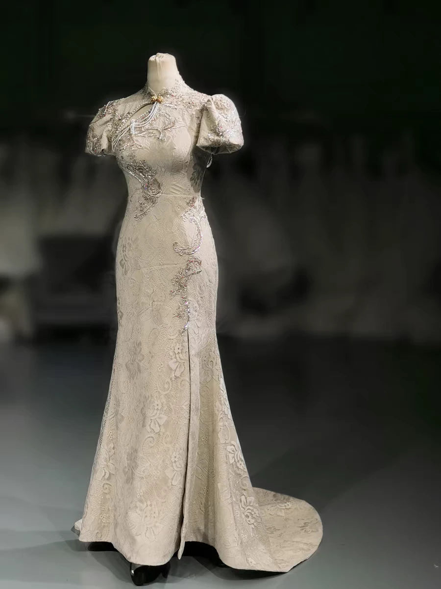Ivory White Open Back Floral Lace Wedding Cheongsam Qipao Dress with Train