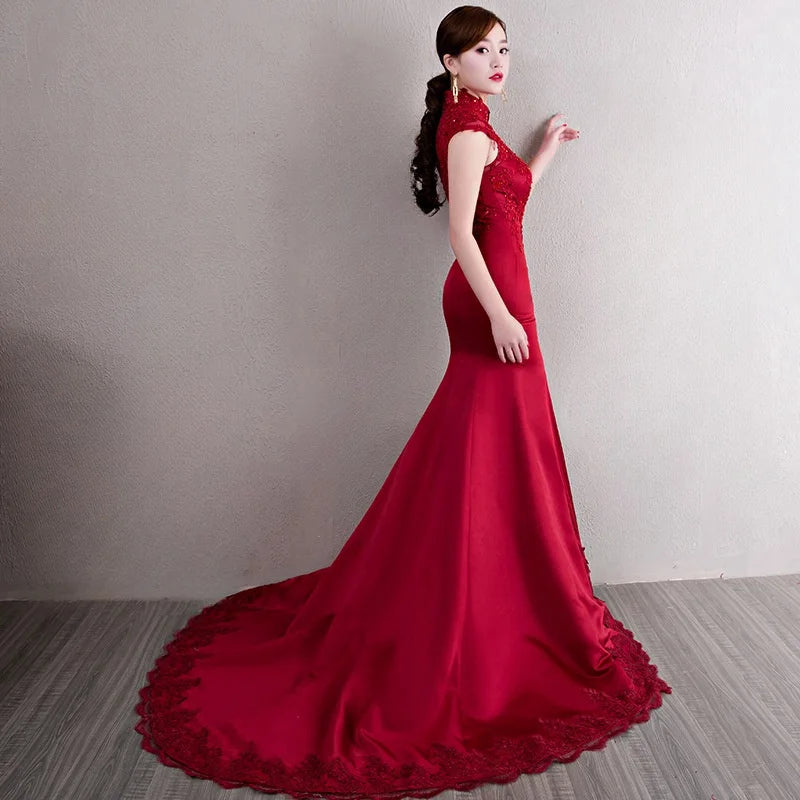 Red Bridal Cheongsam With Train | Modern Chinese Qipao Wedding Dress Oriental Me Red Bridal Cheongsam With Train | Modern Chinese Qipao Wedding Dress Oriental Me