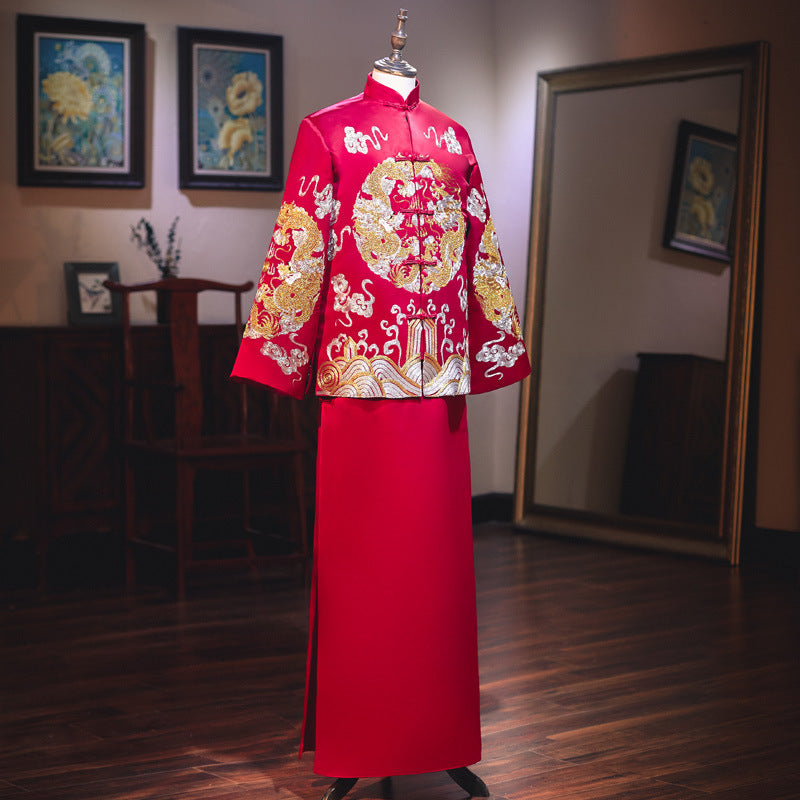 Red Chinese Wedding Groom Jacket with Dragon Embroidery - Traditional Ma Gua
