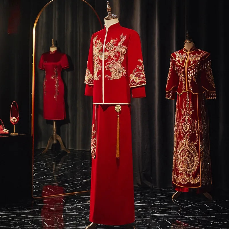 Traditional Chinese Groom Velvet Dragons Wedding Ma Gua Tang Suit