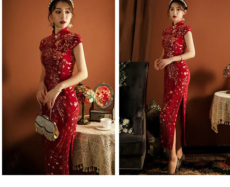 Red velvet short sleeves wedding Cheongsam Qipao dress with Sequins