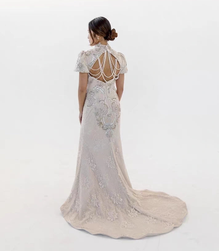 Ivory White Open Back Floral Lace Wedding Cheongsam Qipao Dress with Train