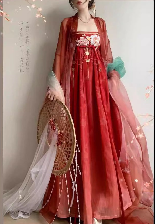 Red Floral Chinese Tang Dynasty HanFu Dress, S Red Floral Chinese Tang Dynasty HanFu Dress, S