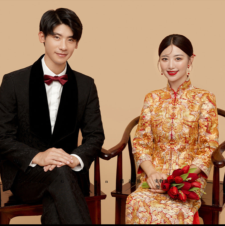 traditional chinese bridal wedding dragon phoenix qun gua dress