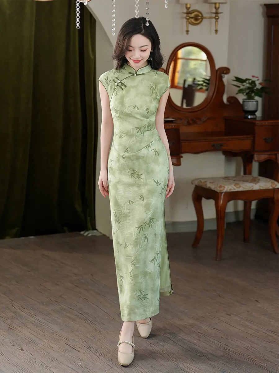 Cap Sleeves Green Bamboo Print Qipao