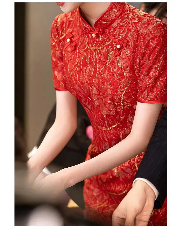 Red Lace wedding Cheongsam Qipao Dress with Golden shimmer