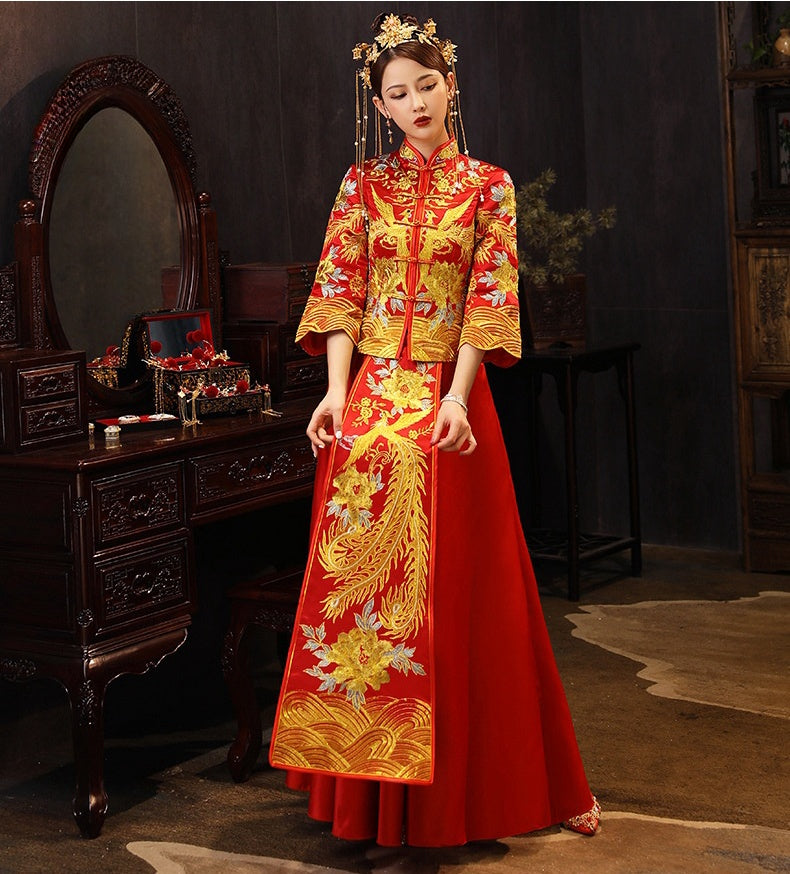 Chinese Wedding Bridal Qun Kwa Dress| Phoenix & Peony - Oriental Me