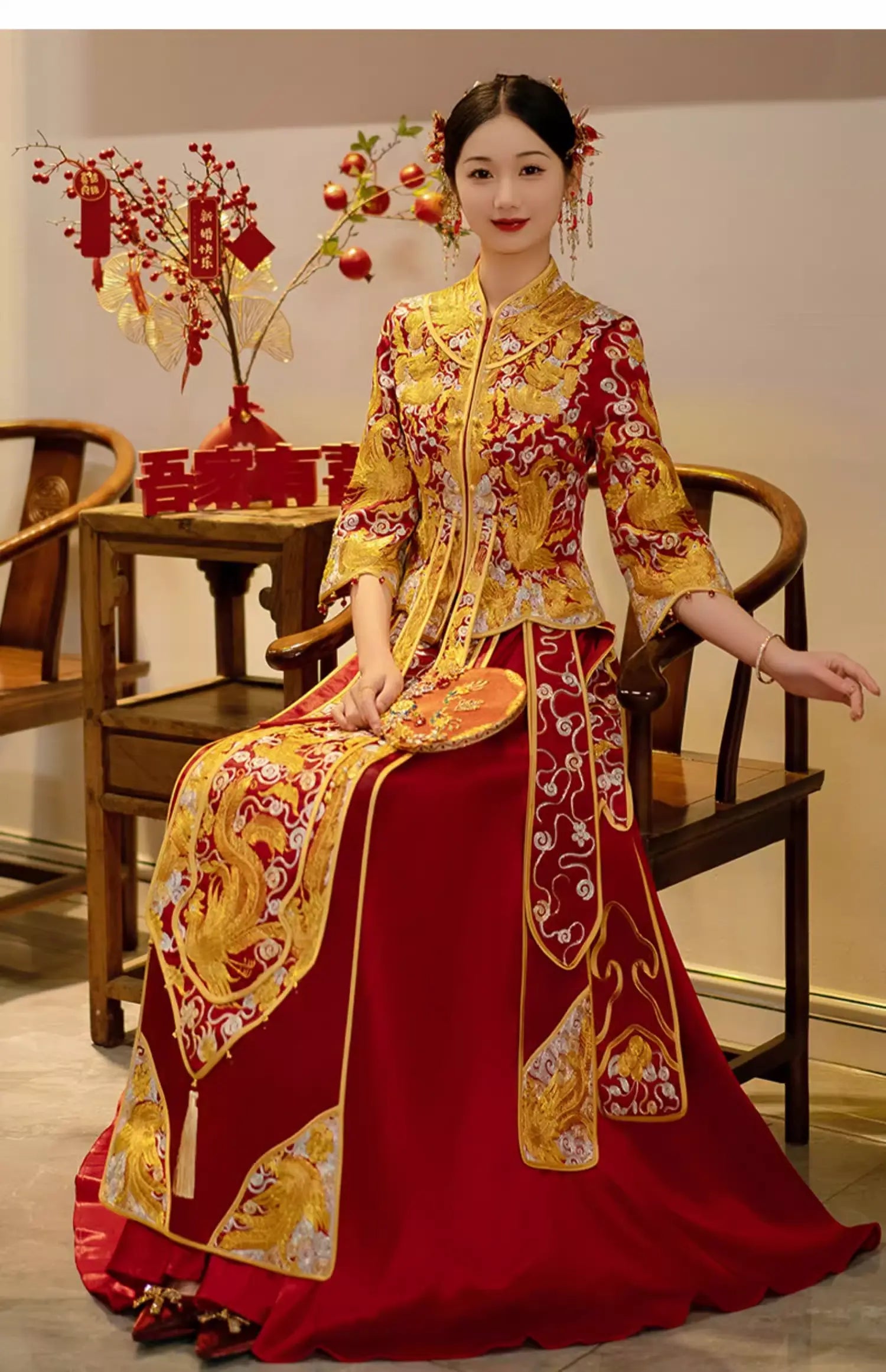 Red and gold  traditional Chinese Wedding pheonix  Qun Kwa Dress