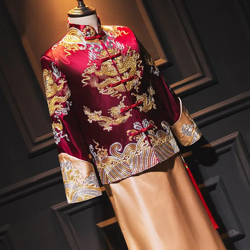 Traditional Chinese Burgundy Gold  Groom Dragon wedding Tang Suit (Ma Gua)