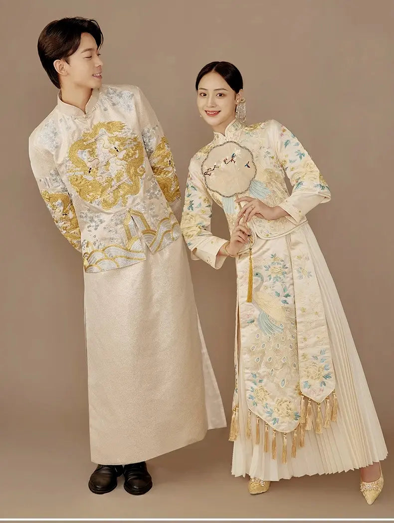 Chinese Wedding Off White Qun Kwa Dress with Peacock for bride and dragon tang suit for groom