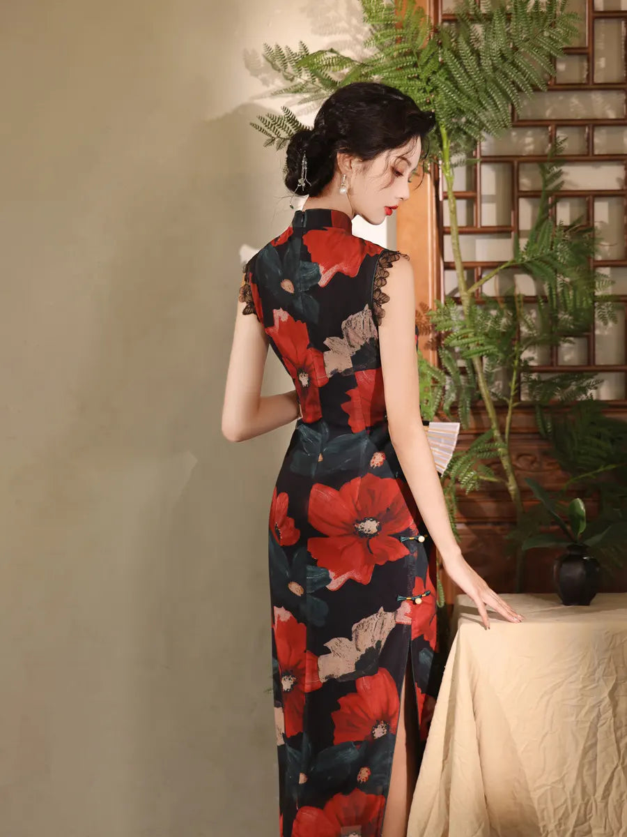 Woman wearing a Red Black Floral Cheongsam Qipao Dress in an indoor setting with plants.