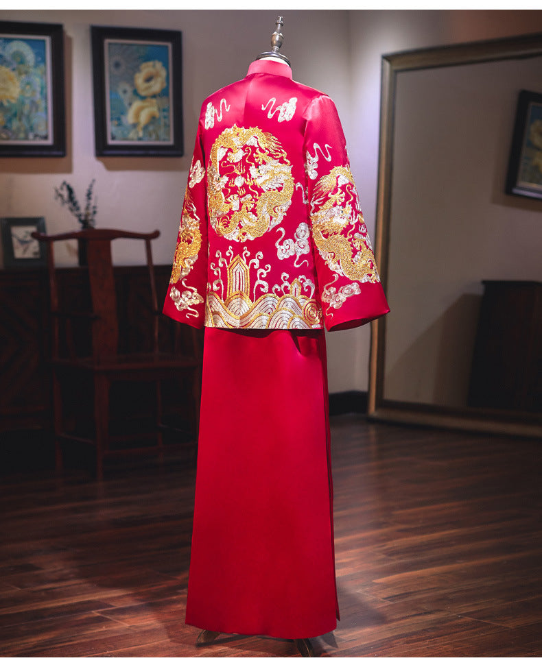 Red Chinese Wedding Groom Jacket with Dragon Embroidery - Traditional Ma Gua